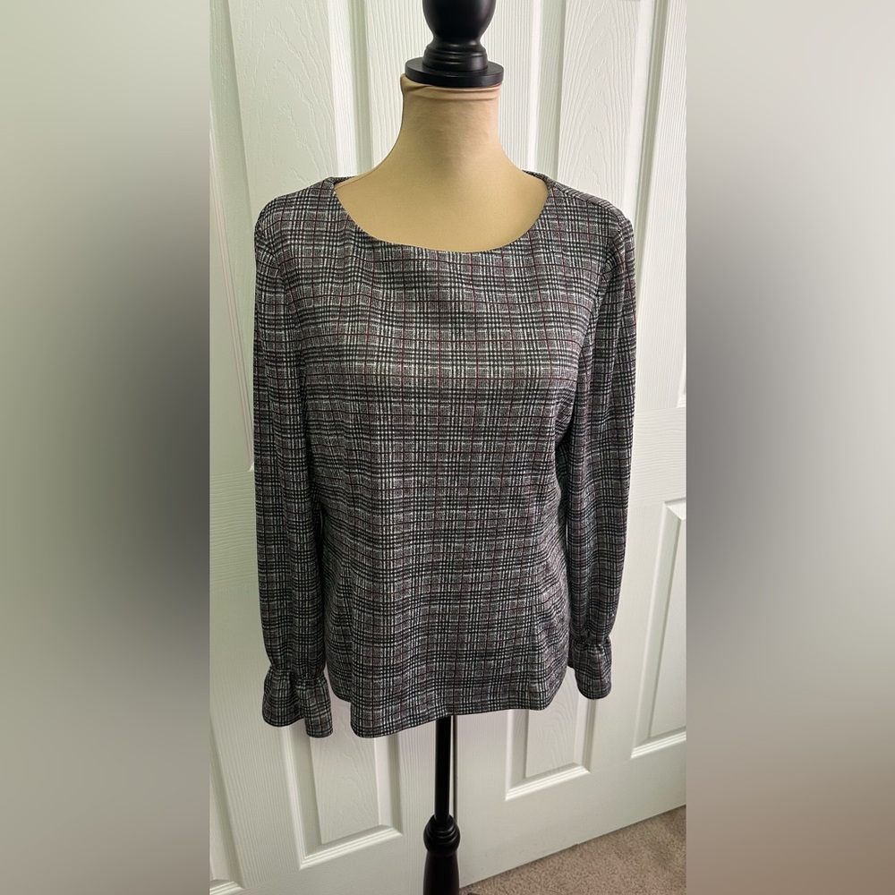 Nine West Checkered Blouse - Black and Gray